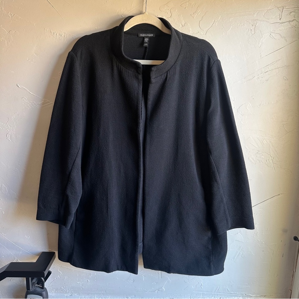 Eileen Fisher Stand Collar Textured‎ Cotton Open Front Jacket Sz XL Minimalist